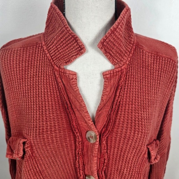 Free People FP One Thermal Cardigan Women XL Terracotta Waffle Knit Boho Jacket - Picture 3 of 6